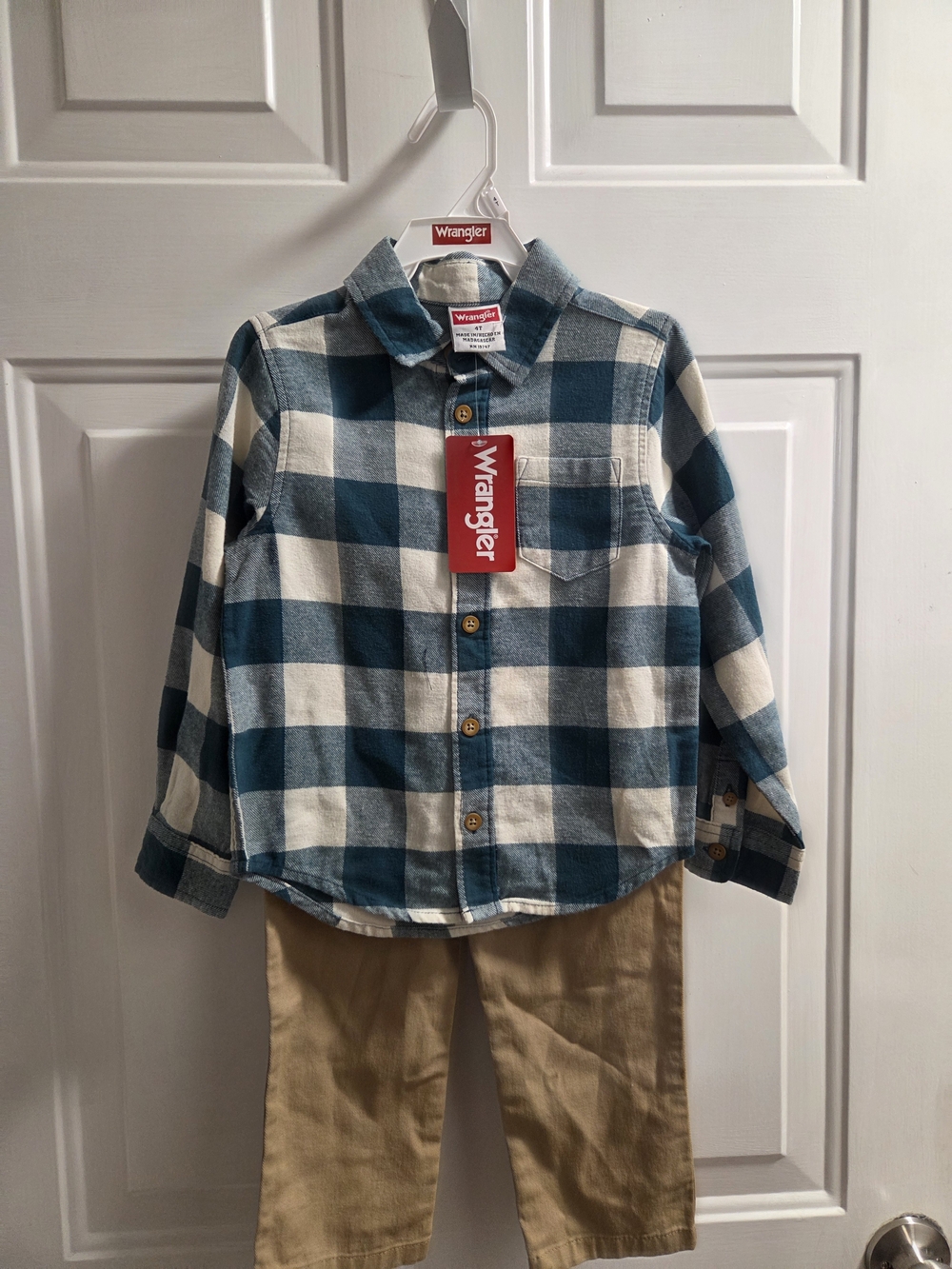 Wrangler Boys' Teal & Cream Buffalo Check Button-Down Shirt & Khaki Pants